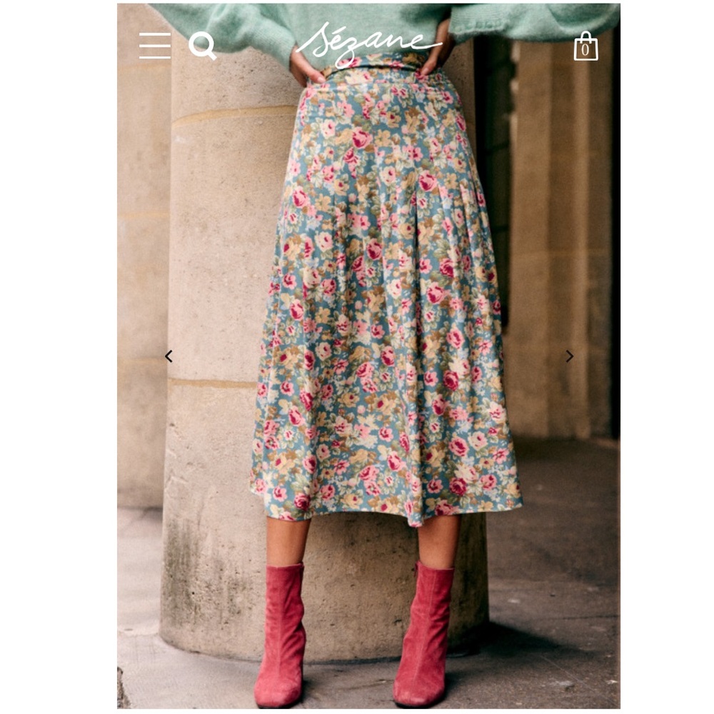 Sezane Floral Midi Skirt - Green and Pink